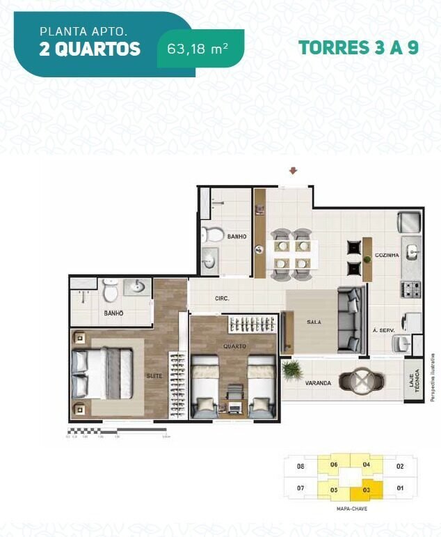 Planta do apartamento dois quartos no Reserva Parque Clube em Águas Claras