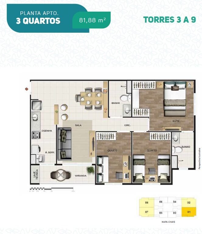 Planta do apartamento três quartos do Reserva Parque Clube em Águas Claras